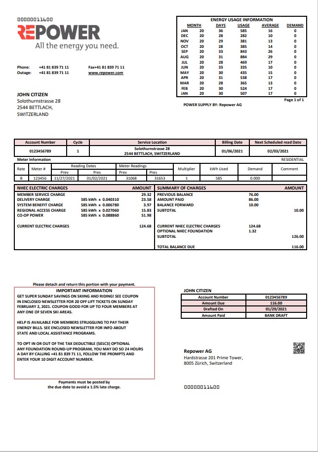 Switzerland Repower AG utility bill template, fully editable in Word and PDF format